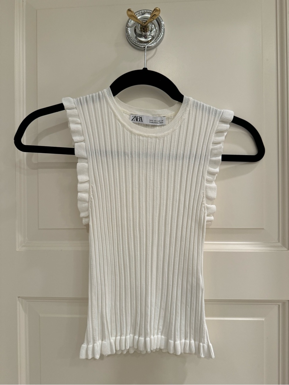 Zara White Ribbed Ruffle-Trim Tank Top